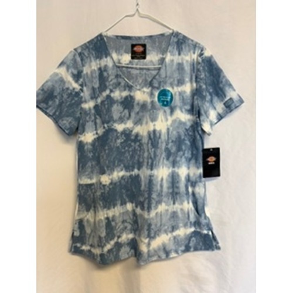 Dickies Medical Tie Dye V-Neck Scrub Top Blue White Small DK881